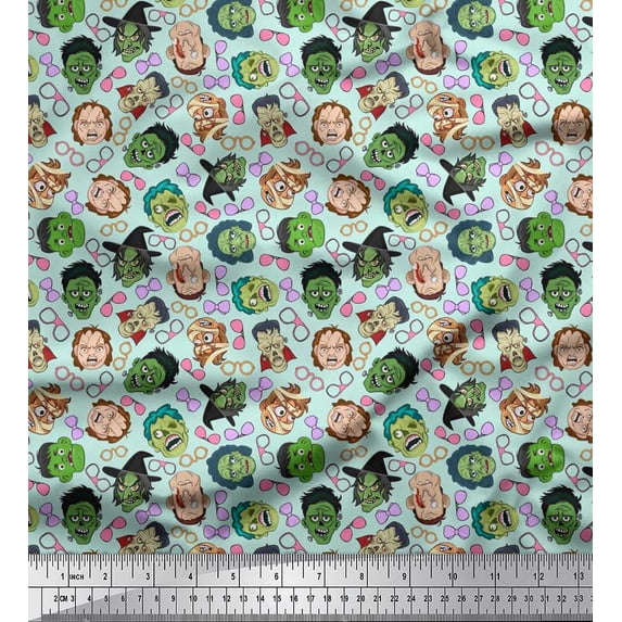 Soimoi Rayon Crepe Fabric Specs,Bow & Witch Face Halloween Printed Craft Fabric by The Yard 46 Inch Wide
