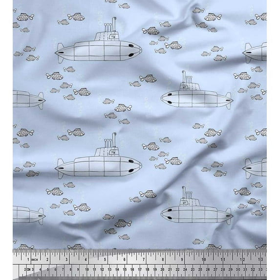 Soimoi Rayon Crepe Fabric Submarine & Fish Night Wear Fabric Prints by Yard 46 Inch Wide