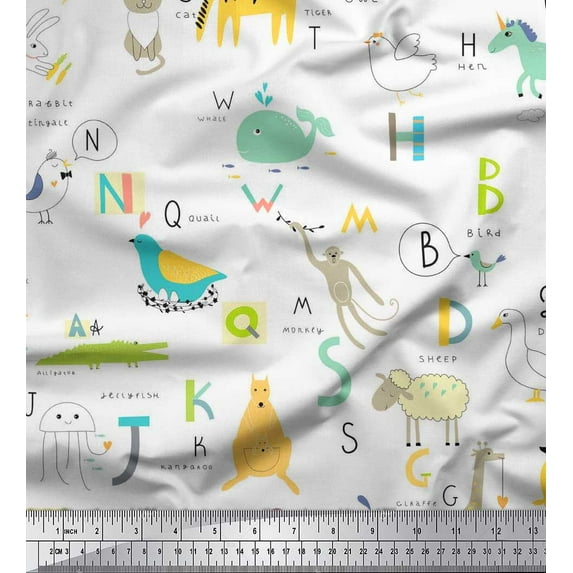 Soimoi Rayon Fabric Alphabets,Birds & Animals Kids Decor Fabric Printed Yard 42 Inch Wide