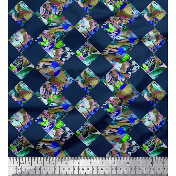 Soimoi Rayon Fabric Artistic Floral & Check Geometric Printed Fabric 1 Yard 42 Inch Wide