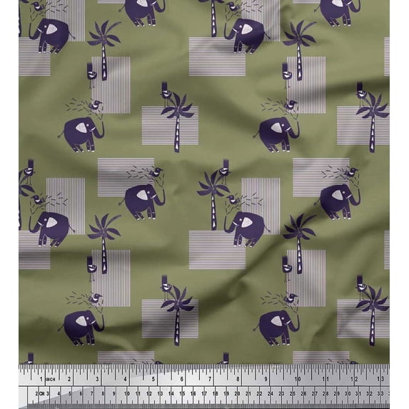 Soimoi Rayon Fabric Bird,Coconut Tree & Elephant Kids Decor Fabric Printed Yard 56 Inch Wide