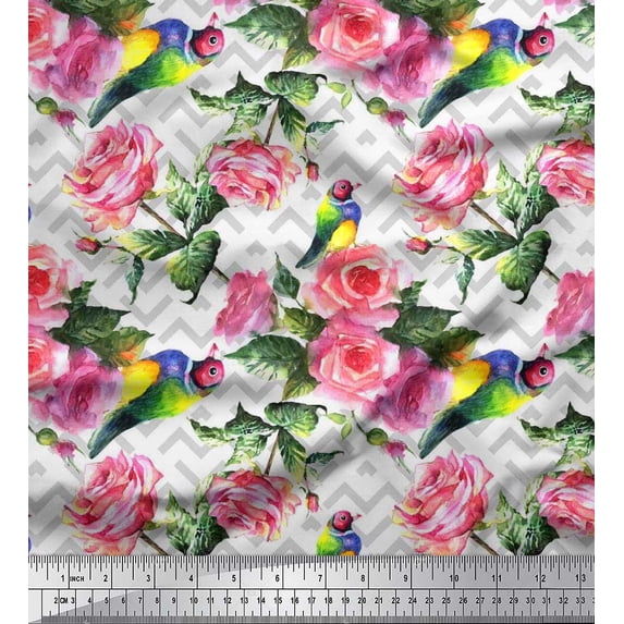 Soimoi Rayon Fabric Bird,Leaves & Rose Floral Print Fabric by the Yard 42 Inch Wide