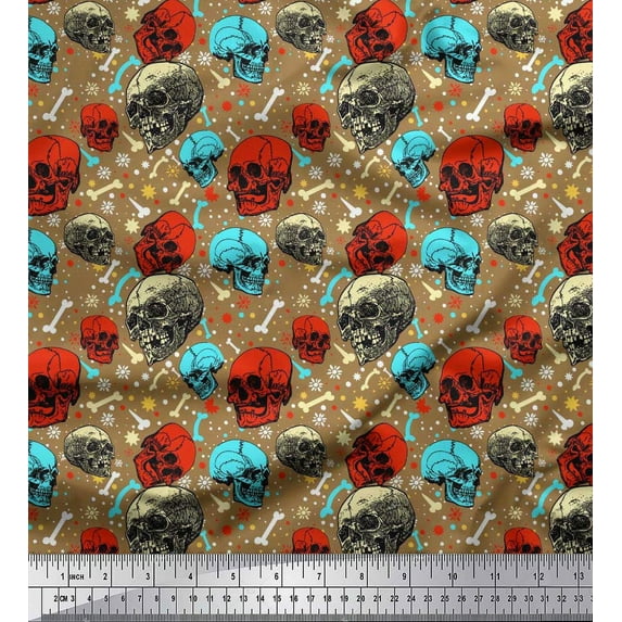 Soimoi Rayon Fabric Bone,Floral & Skull Halloween Printed Craft Fabric by The Yard 42 Inch Wide