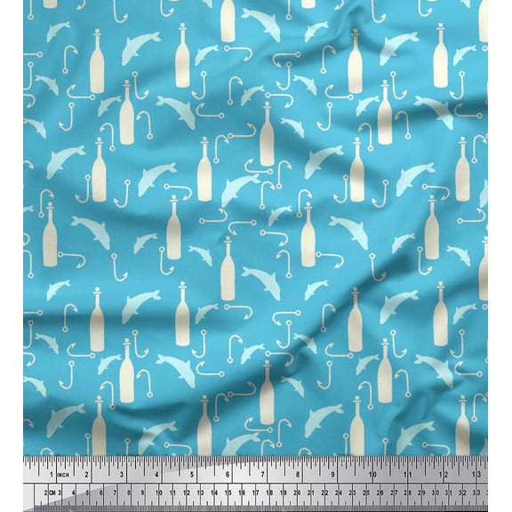 Soimoi Rayon Fabric Bottle,Fishing Hook & Fish Ocean Print Fabric by The Yard 56 Inch Wide