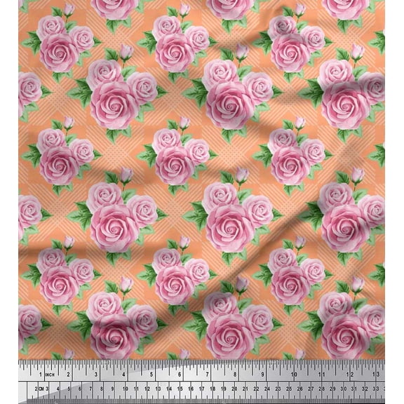 Soimoi Rayon Fabric Check,Leaves & Rose Floral Decor Fabric Printed Yard 56 Inch Wide
