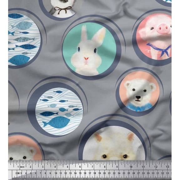 Soimoi Rayon Fabric Circle,Fish & Cute Animals Patchwork Print Fabric by The Yard 56 Inch Wide