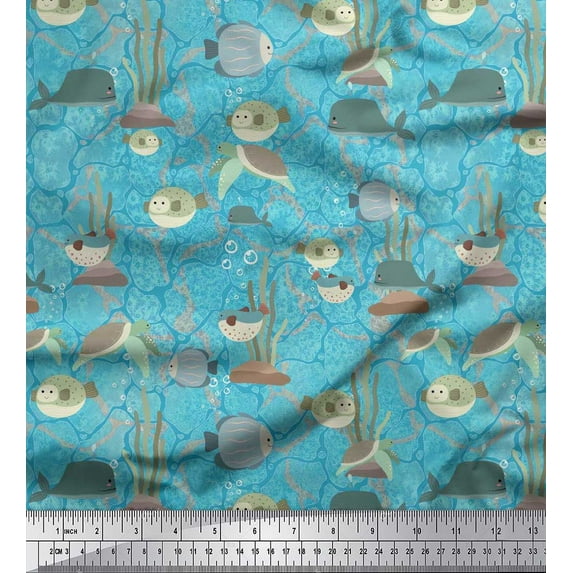 Soimoi Rayon Fabric Coral,Fish & Sea Turtle Ocean Print Fabric by the Yard 42 Inch Wide