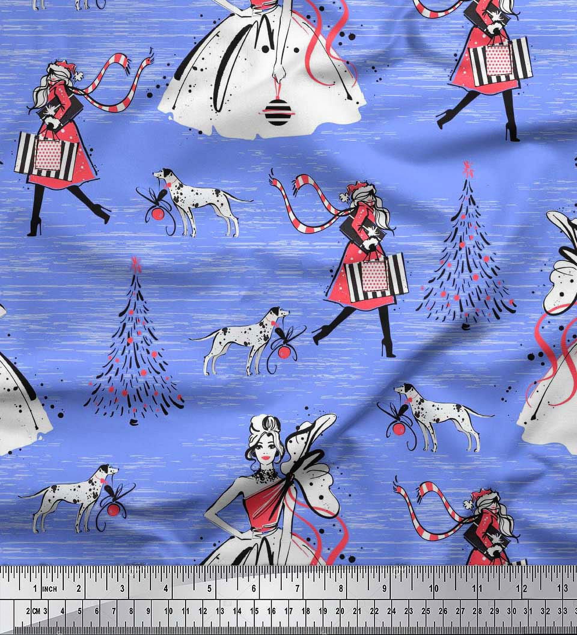 Soimoi Rayon Fabric Dog,Women & Tree Christmas Print Fabric by the Yard 42 Inch Wide