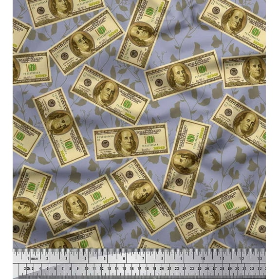 Soimoi Rayon Fabric Dollar Currency Note & Leaves Fabric Prints by Yard 56 Inch Wide