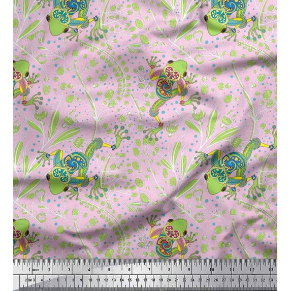 Soimoi Rayon Fabric Dot,Leaves & Lizard Reptile Printed Fabric 1 Yard 42 Inch Wide
