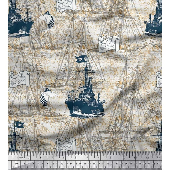Soimoi Rayon Fabric Fish & Ship Ocean Decor Fabric Printed Yard 42 Inch Wide