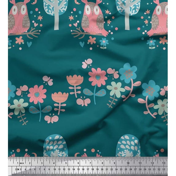 Soimoi Rayon Fabric Floral,Tree & Owl Kids Print Sewing Fabric Yard 42 Inch Wide