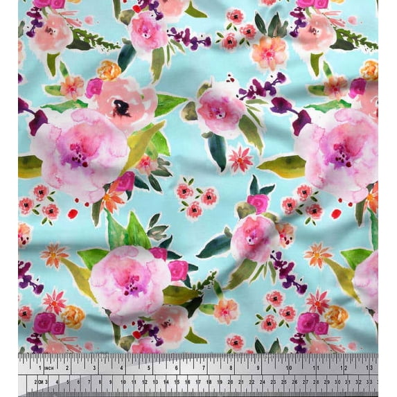 Soimoi Rayon Fabric Flower & Leaves Watercolor Decor Fabric Printed Yard 42 Inch Wide