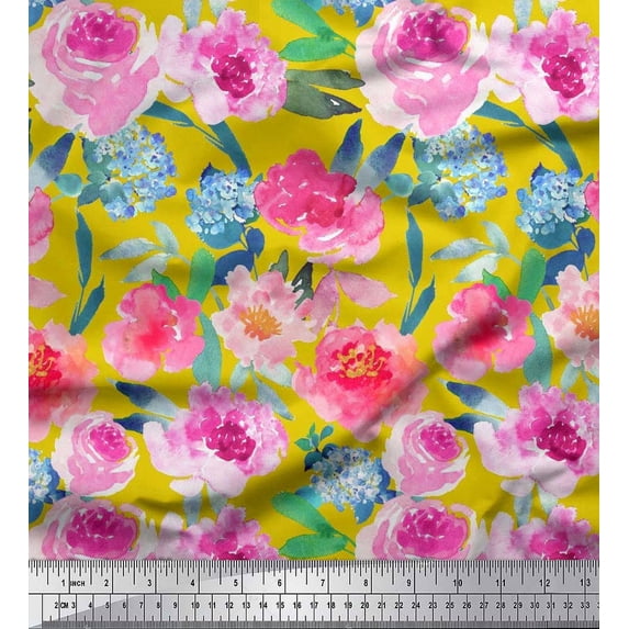 Soimoi Rayon Fabric Flower & Leaves Watercolor Print Fabric by the Yard 42 Inch Wide