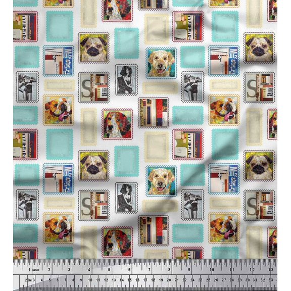 Soimoi Rayon Fabric Frames,Women & Dogs Patchwork Print Fabric by The Yard 42 Inch Wide