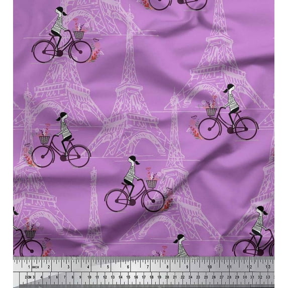 Soimoi Rayon Fabric Girl,Bicycle & Eiffel Tower Architectural Print Fabric by The Yard 56 Inch Wide