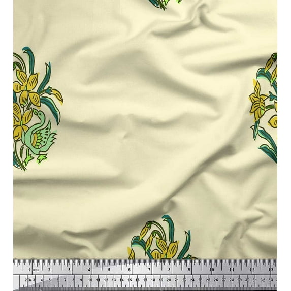 Soimoi Rayon Fabric Leaves,Duck & Floral Block Print Fabric by Yard 42 Inch Wide