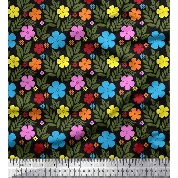 Soimoi Rayon Fabric Leaves & Floral Artistic Printed Fabric 1 Yard 42 Inch Wide