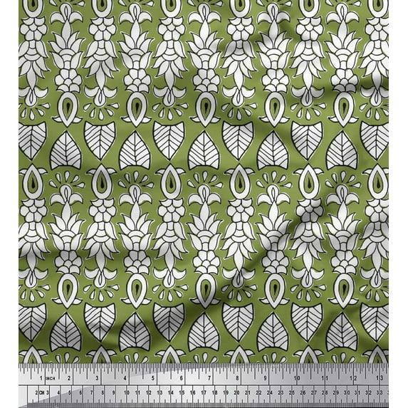 Soimoi Rayon Fabric Leaves & Floral Block Printed Craft Fabric by The Yard 56 Inch Wide