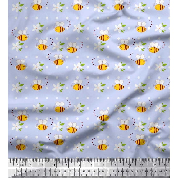 Soimoi Rayon Fabric Leaves,Floral & Honey Bee Clip Art Print Fabric by The Yard 42 Inch Wide