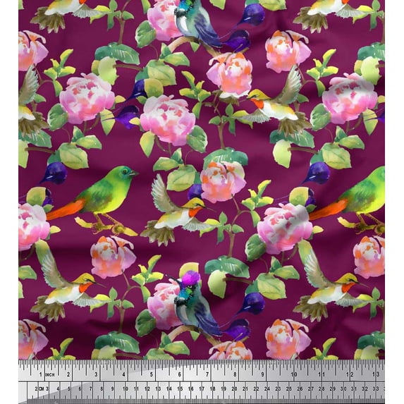 Soimoi Rayon Fabric Leaves,Floral & Hummingbird Bird Printed Fabric 1 Yard 56 Inch Wide