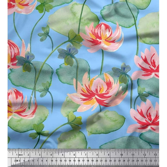 Soimoi Rayon Fabric Leaves & Lotus Flower Printed Craft Fabric by the Yard 56 Inch Wide