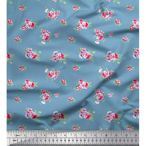 Soimoi Rayon Fabric Leaves & Pink Rose Floral Print Fabric by Yard 42 Inch Wide
