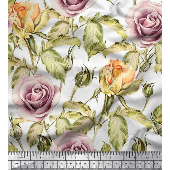Soimoi Rayon Fabric Leaves & Rose Flower Printed Fabric 1 Yard 42 Inch Wide