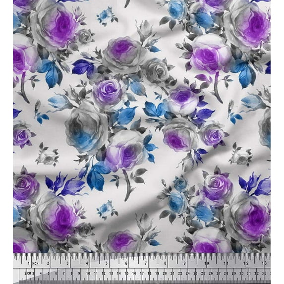 Soimoi Rayon Fabric Leaves & Rose Flower Printed Fabric 1 Yard 42 Inch Wide