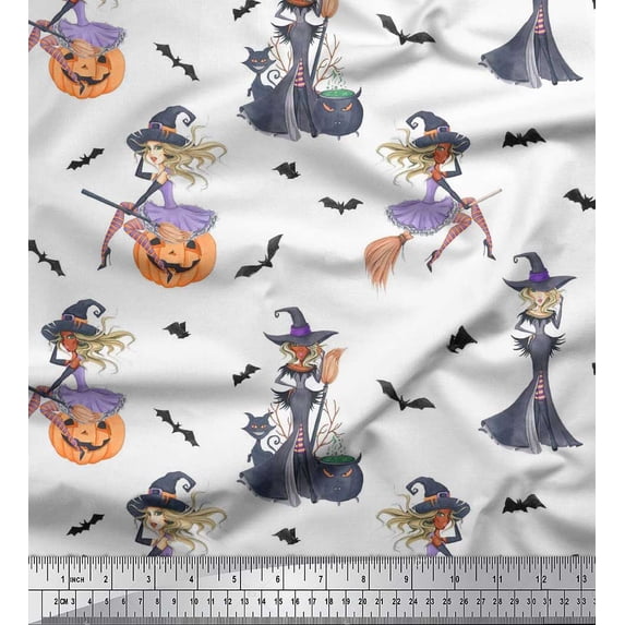 Soimoi Rayon Fabric Magic Potion,Bat & Witch Halloween Decor Fabric Printed Yard 56 Inch Wide