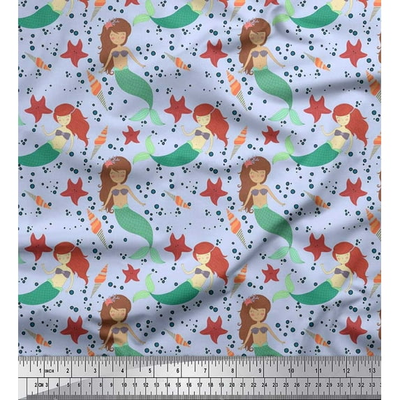 Soimoi Rayon Fabric Mermaid & Starfish Ocean Print Sewing Fabric Yard 42 Inch Wide