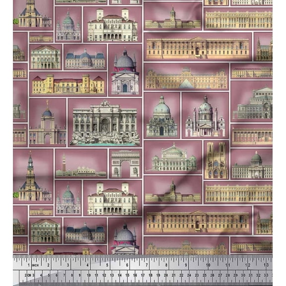 Soimoi Rayon Fabric Monuments Patchwork Print Fabric by The Yard 42 Inch Wide