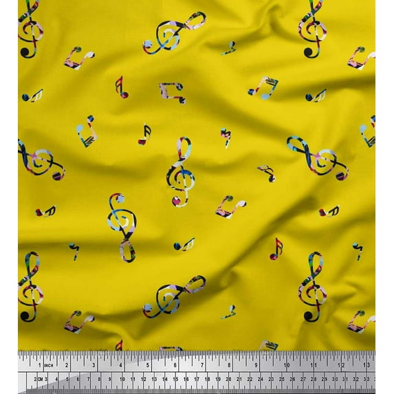 Soimoi Rayon Fabric Notes Musical Instrument Print Fabric by The Yard 56 Inch Wide