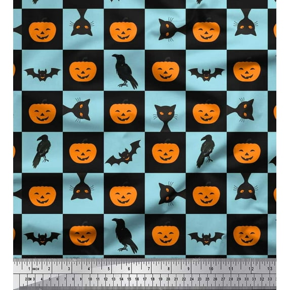 Soimoi Rayon Fabric Pumpkin,Cat & Bat Halloween Printed Fabric 1 Yard 42 Inch Wide