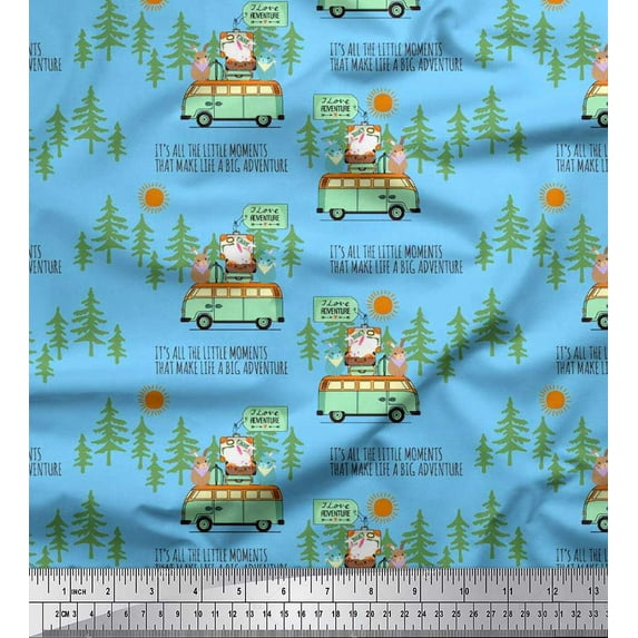 Soimoi Rayon Fabric Rabbit,Van & Suitcase Travel Decor Fabric Printed Yard 56 Inch Wide