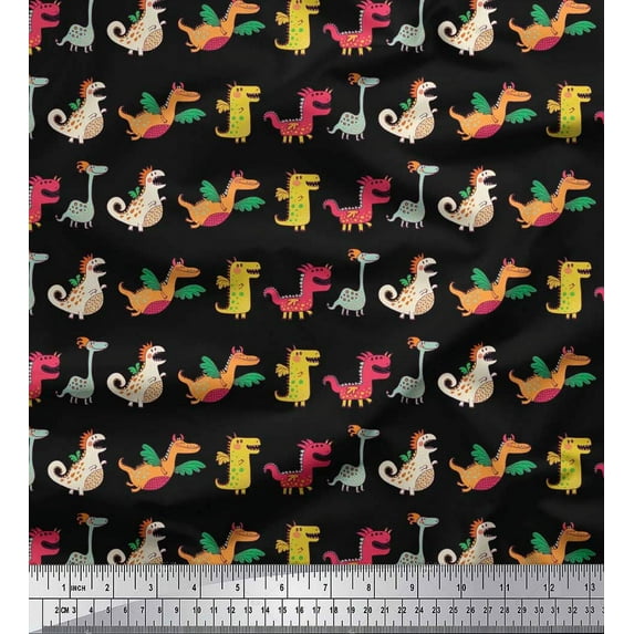 Soimoi Rayon Fabric Stripe & Dinosaur Kids Printed Fabric 1 Yard 42 Inch Wide