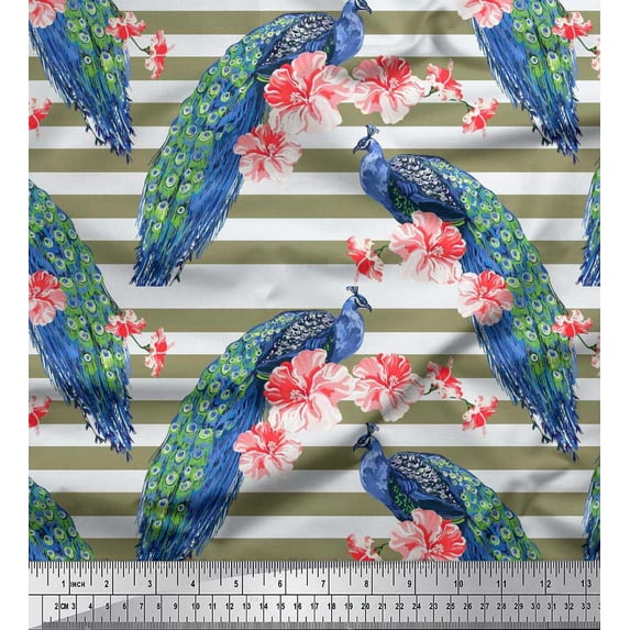 Soimoi Rayon Fabric Stripe,Floral & Peacock Bird Printed Craft Fabric by The Yard 56 Inch Wide