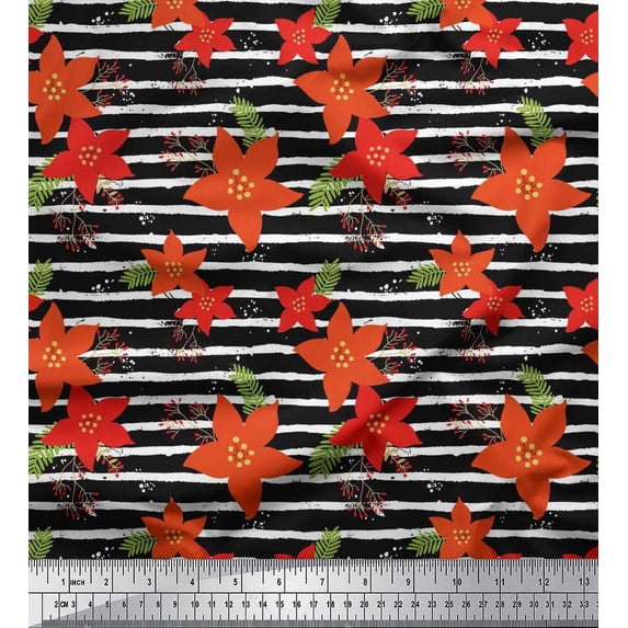 Soimoi Rayon Fabric Stripe,Leaves & Camellias Floral Print Sewing Fabric Yard 56 Inch Wide