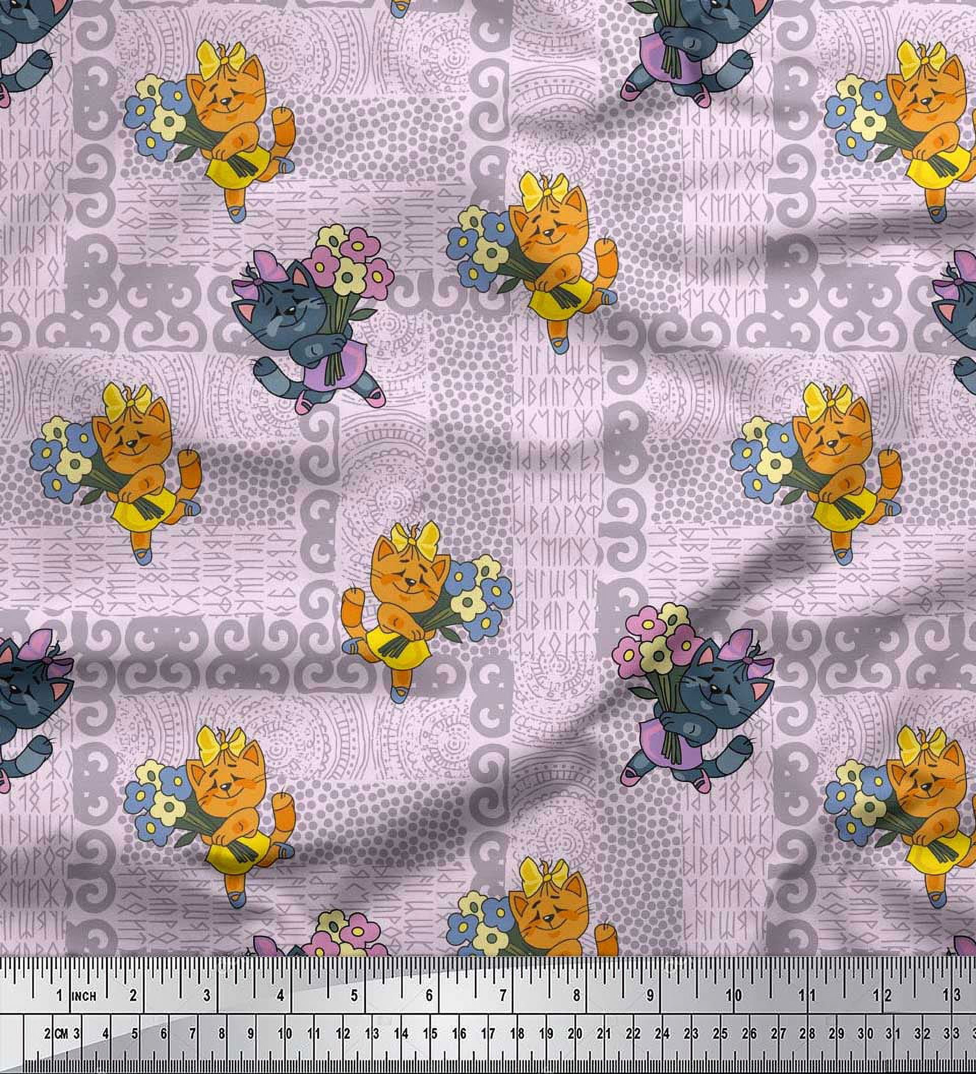 Soimoi Viscose Chiffon Fabric By The Yard - 42" Wide Blue Lotus & Frog Cartoon Print, Kids Fashion Fabric