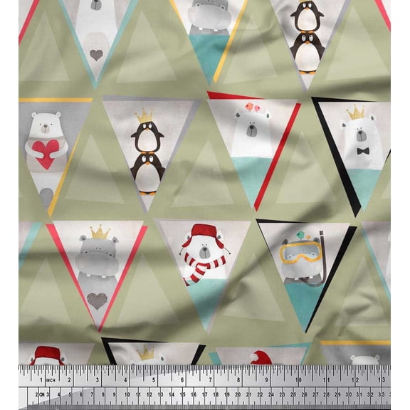 Soimoi Rayon Fabric Triangle,Penguin & Bear Patchwork Print Fabric by The Yard 42 Inch Wide