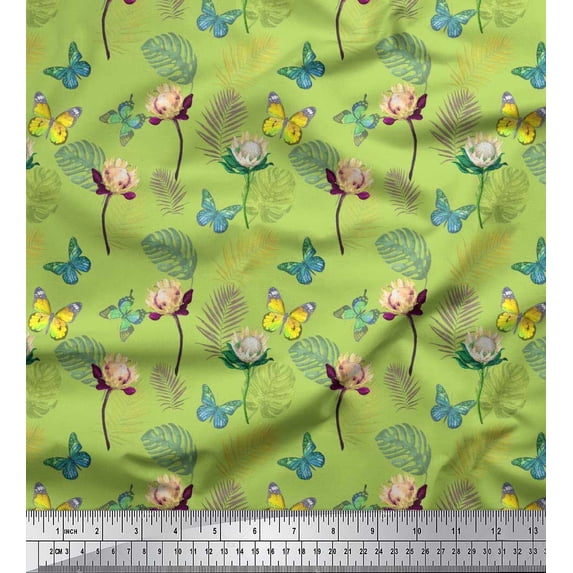 Soimoi Rayon Fabric Tropical Leaves,Floral & Butterfly Print Sewing Fabric Yard 42 Inch Wide