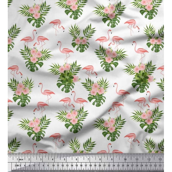 Soimoi Rayon Fabric Tropical Leaves,Floral & Flamingo Bird Decor Fabric Printed Yard 56 Inch Wide