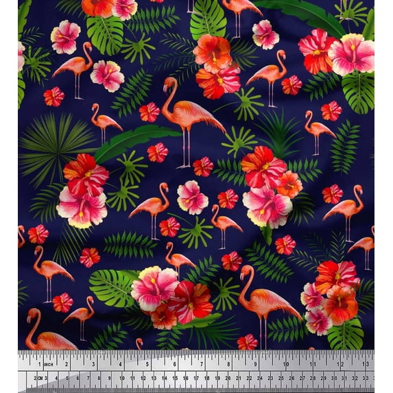 Soimoi Rayon Fabric Tropical Leaves,Floral & Flamingo Bird Print Sewing Fabric Yard 42 Inch Wide