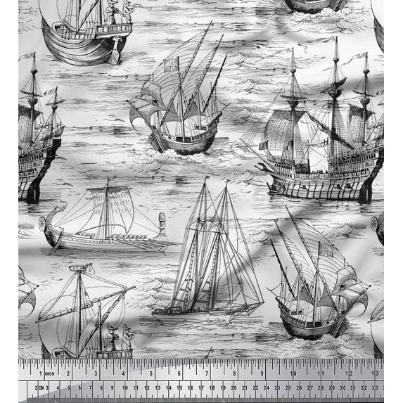 Soimoi Rayon Fabric Waves & Ship Ocean Printed Fabric 1 Yard 42 Inch Wide