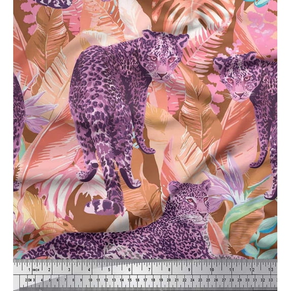 Soimoi Rayon Fabric tropical leaves & leopard Animal Decor Fabric Printed Yard 56 Inch Wide