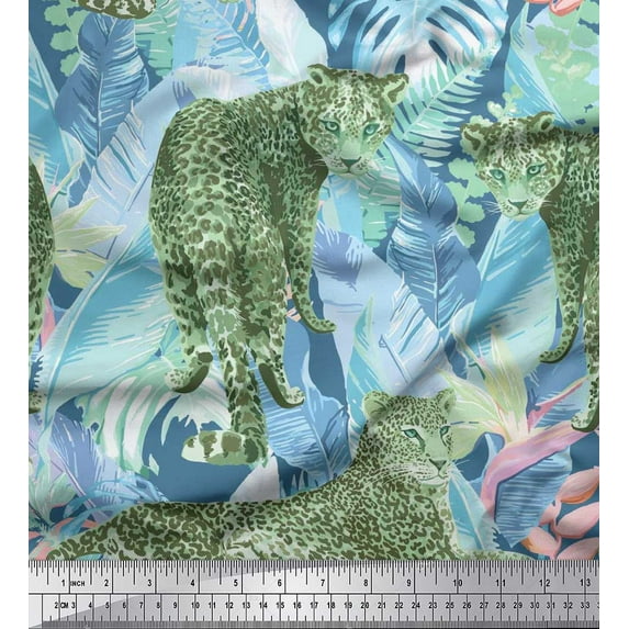 Soimoi Rayon Fabric tropical leaves & leopard Animal Printed Fabric 1 Yard 56 Inch Wide