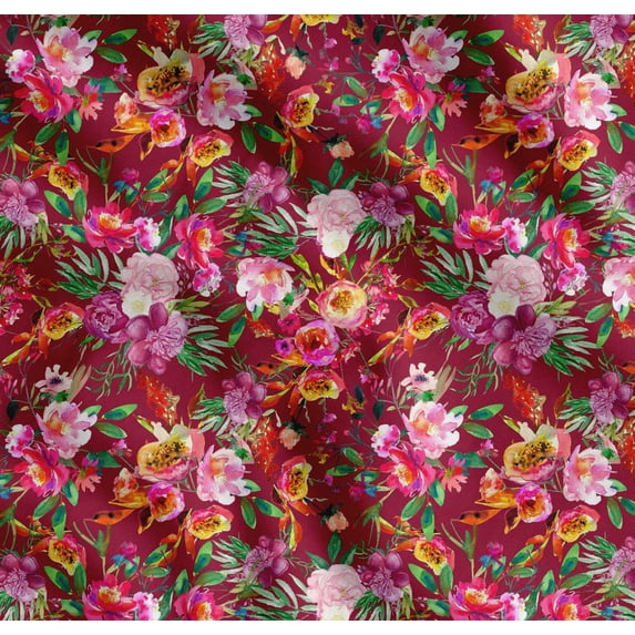 Soimoi Red Cotton Cambric Fabric Leaves & Pink Floral Watercolor Printed Craft Fabric by The Yard 56 Inch Wide