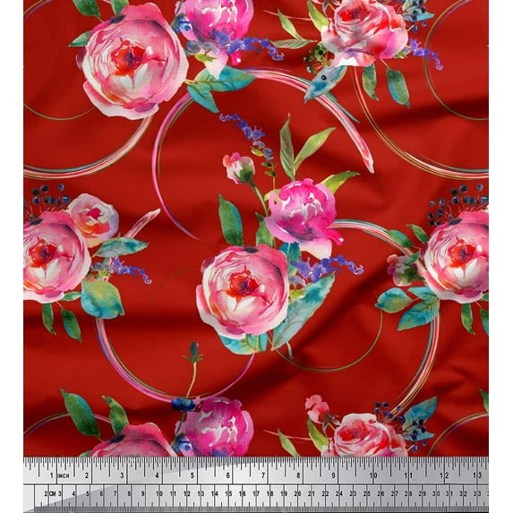 Soimoi Red Cotton Cambric Fabric Leaves & Ranunculus Floral Print Fabric by Yard 56 Inch Wide