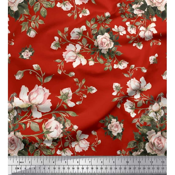 Soimoi Red Cotton Cambric Fabric Leaves & Rose Floral Printed Fabric 1 Yard 56 Inch Wide