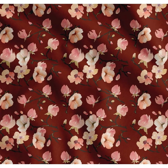 Soimoi Red Cotton Cambric Fabric Peach Flower Watercolor Print Sewing Fabric Yard 42 Inch Wide